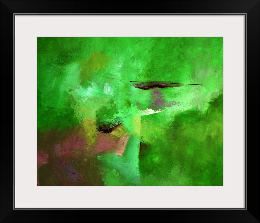 Abstract painting with powering bright green hues with hints of pink, purple, yellow, and black layered on top.