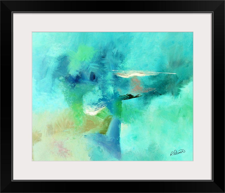 Abstract painting created with shades of green and blue hues and hints of brown, black, and white.