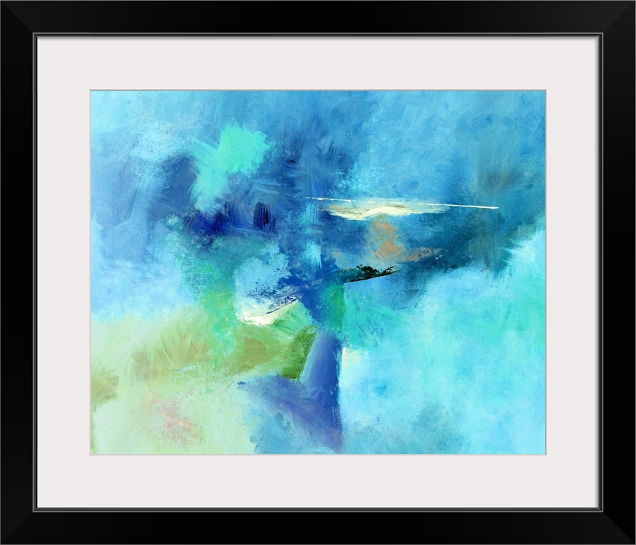 Abstract painting created with shades of blue hues and hints of green, brown, black, and white.