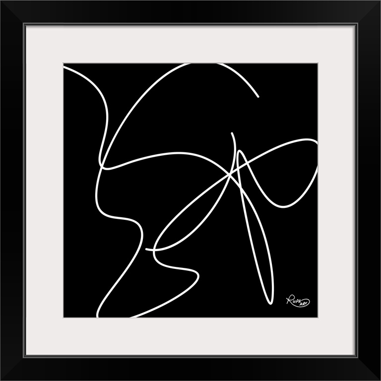 Minimalist contemporary art of a white swirling line on black.