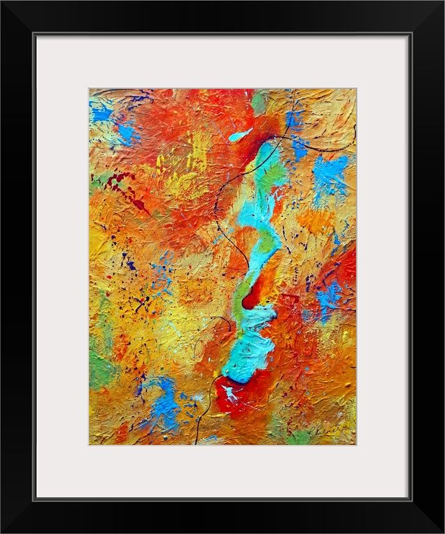 Portrait, large abstract painting in multi-colored layers of transitioning colors, covered in small and large paint splatt...