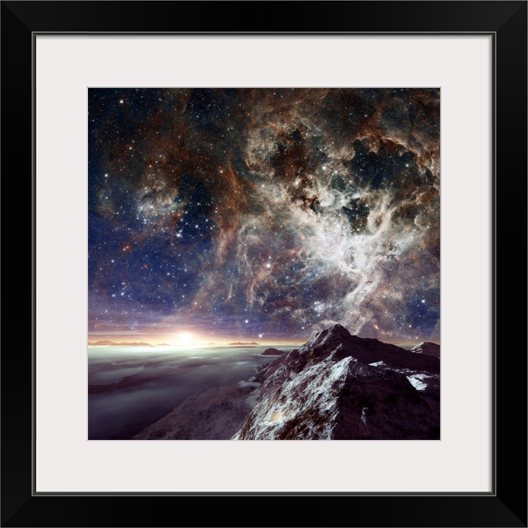 Alien planet and nebula. Computer illustration of a view across the rocky surface of an alien planet with its star (bright...