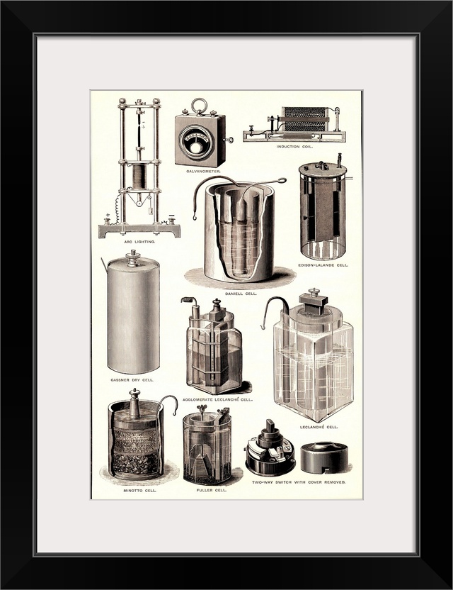 Early electrical equipment, historical artwork. Most of the items are different types of batteries (technically called cel...