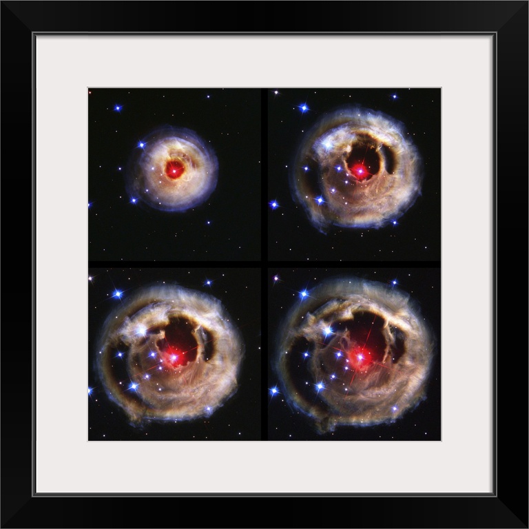 Light echoes from an exploding star. Sequence of four Hubble Space Telescope images of dust shells around the star v838 Mo...