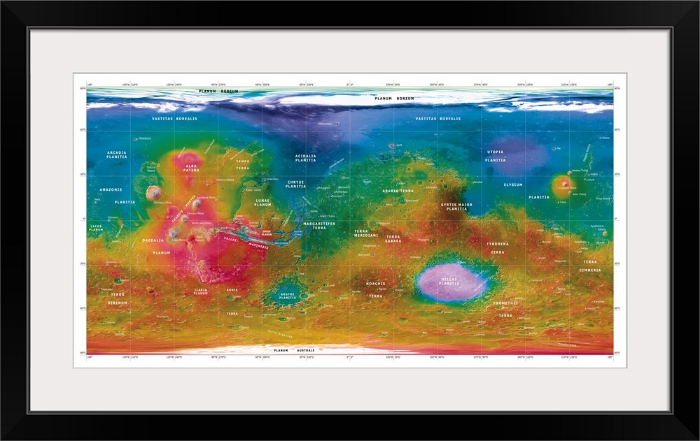 Mars topographical map. Three-dimensional composite satellite image of the surface of Mars. Topographical features are lab...