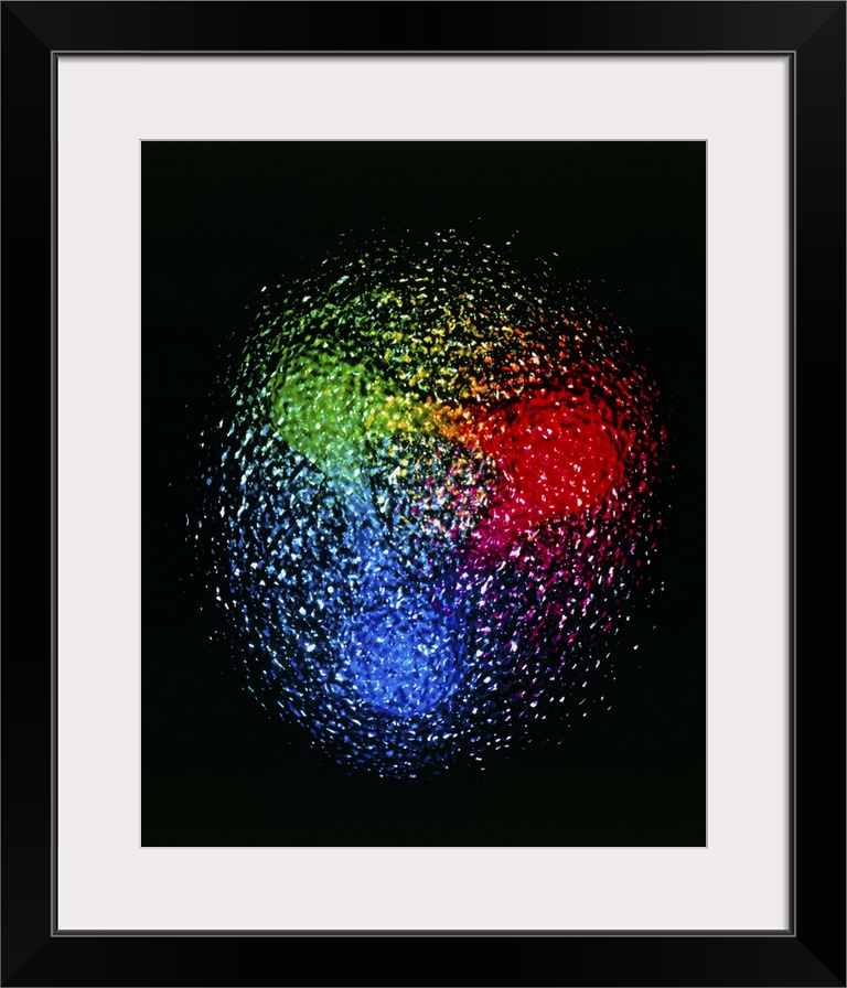 Artist's impression of a nuclear particle. This shows the particle (either a proton or a neutron) as being composed of thr...