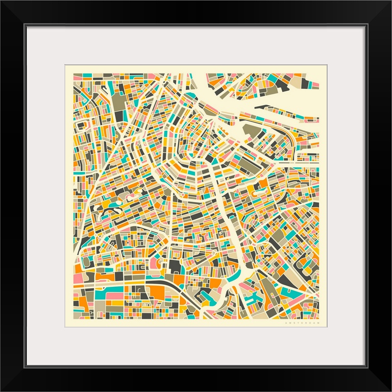 Colorfully illustrated aerial street map of Amsterdam, Netherlands on a square background.