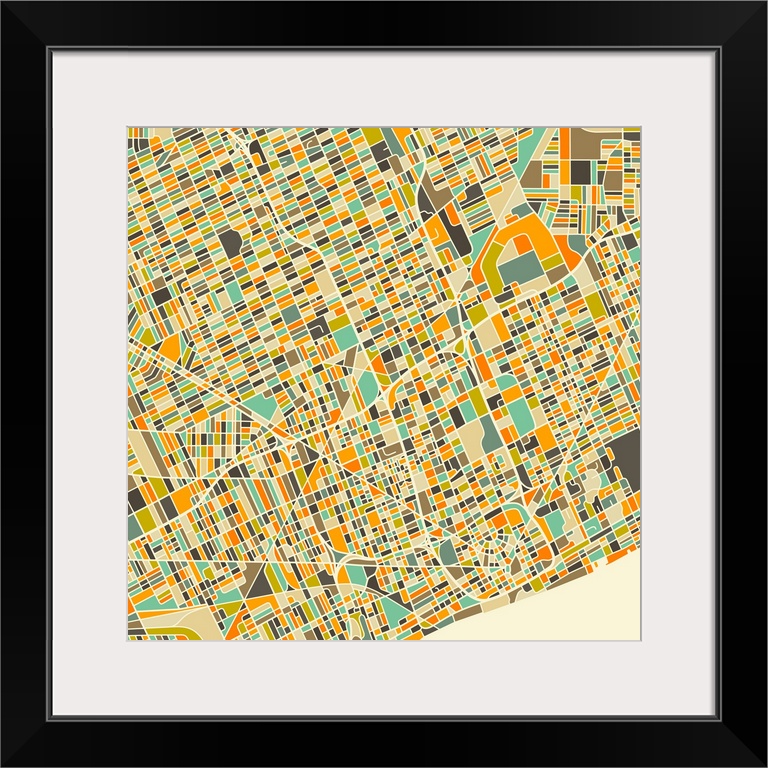 Colorfully illustrated aerial street map of Detroit, Michigan on a square background.