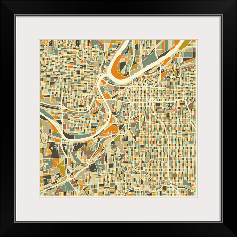 Colorfully illustrated aerial street map of Kansas City, Missouri on a square background.