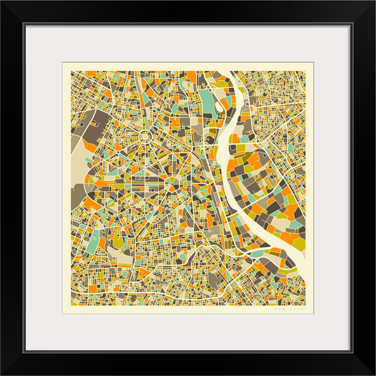 Colorfully illustrated aerial street map of New Delhi, India on a square background.