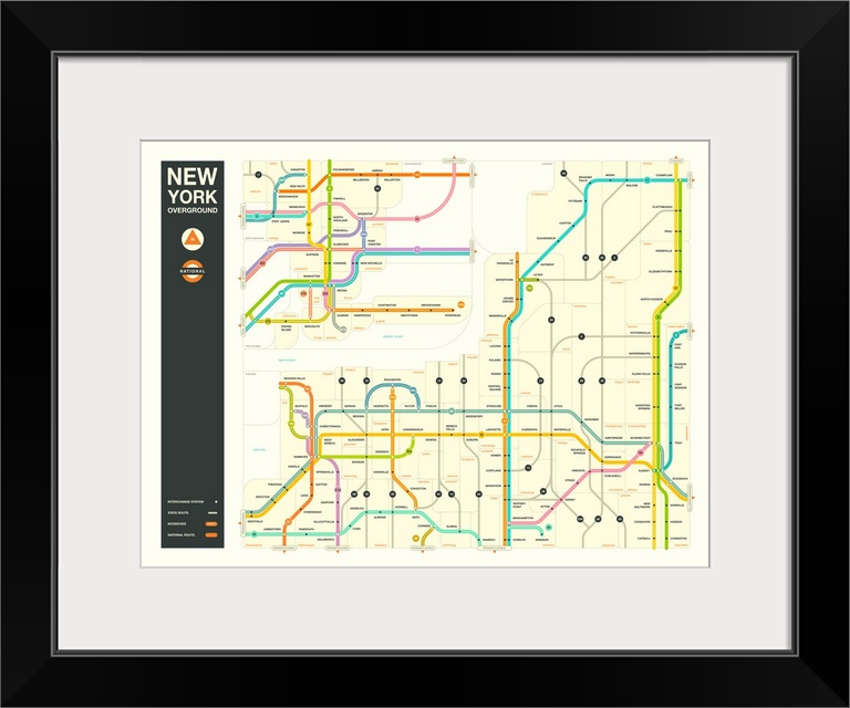 Illustrated map of the New York state highways with labels and a key at the bottom.