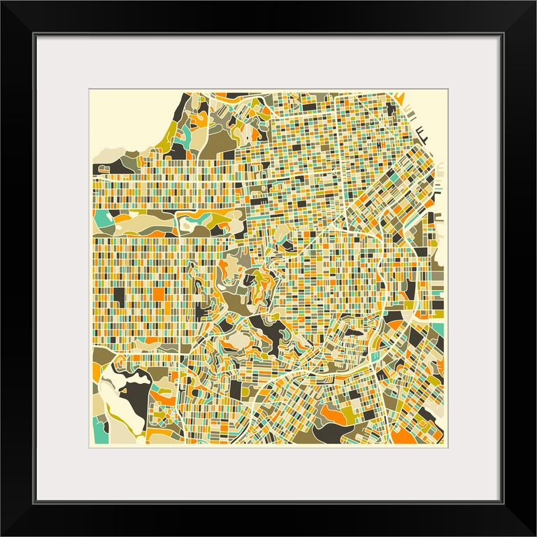 Colorfully illustrated aerial street map of San Francisco, California on a square background.