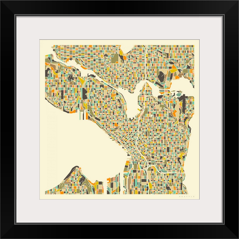 Colorfully illustrated aerial street map of Seattle, Washington on a square background.