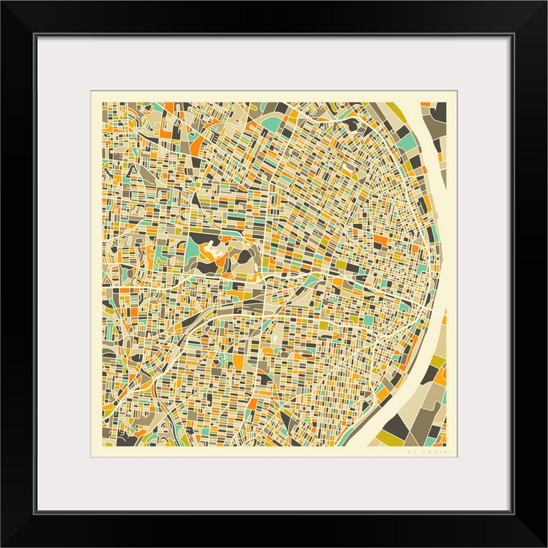Colorfully illustrated aerial street map of St. Louis, Missouri on a square background.