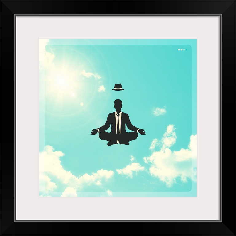 Conceptual illustration of a man in black and white meditating while floating in the bright, cloudy sky with his hat float...