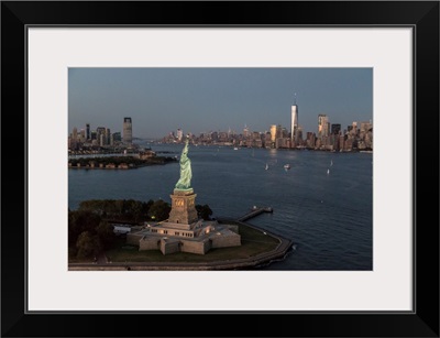 Aerial view of the Statue of Liberty and New York City