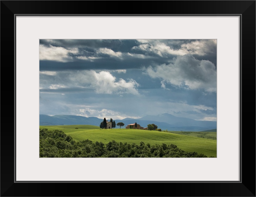 Church and fields in Tuscany.