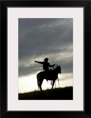 Cowboy on horseback with lasso at sunset, Yosemite, California