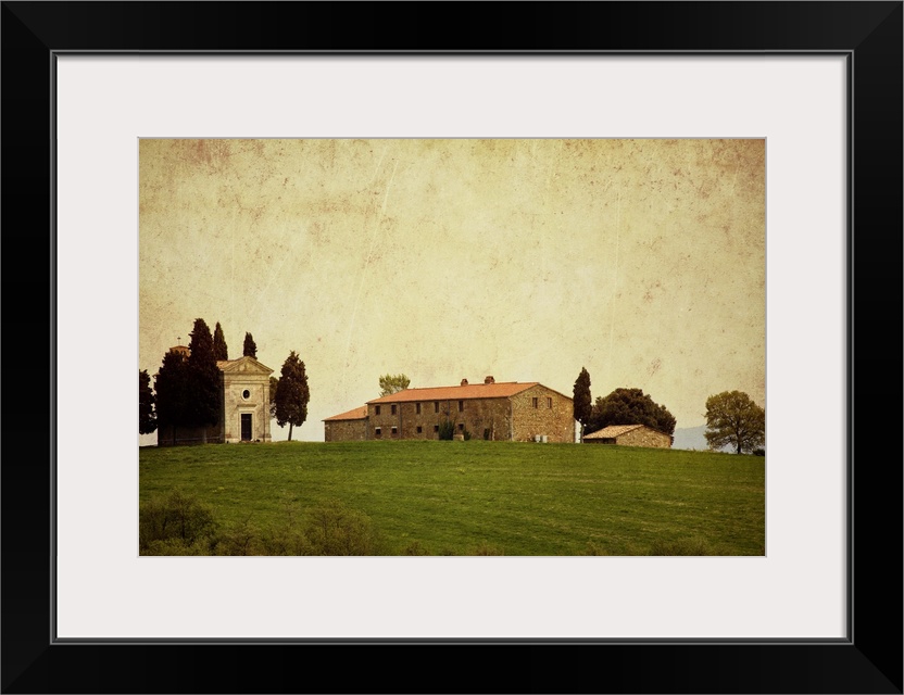 This rustic landscape photograph has been given a vintage appearance by adding a sepia tint, scratch textures, and vignett...