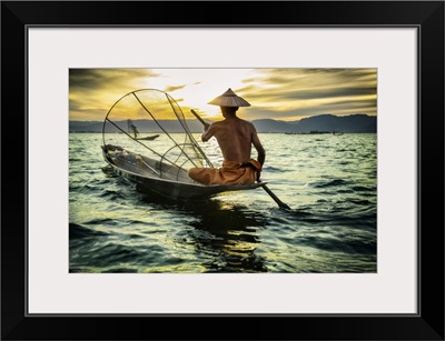 Fisherman At Sunset In Inle Lake, Burma