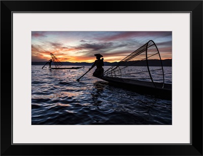 Fishermen With Their Nets At Sunset In Inle Lake, Burma