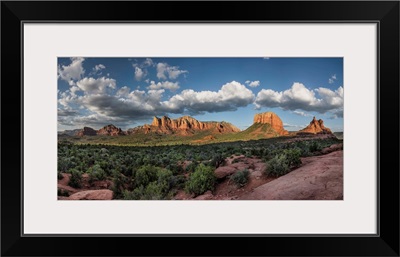 Panorama of clouds and red rocks at sunset in Sedona, Arizona