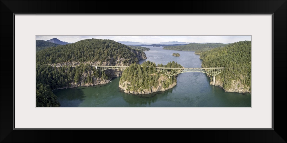 Aerial Panorama Of Deception Pass Bridge In Washington State