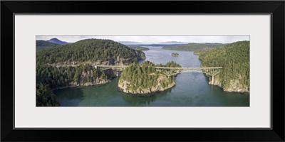 Aerial Panorama Of Deception Pass Bridge In Washington State