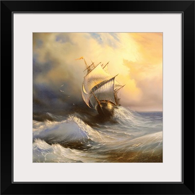 Ancient sailing vessel in stormy sea
