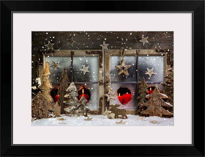 Christmas Window Decoration In Red With Wood.