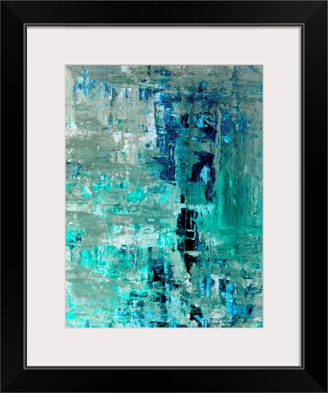 Modern blue and beige abstract painting with simple lines and texture.