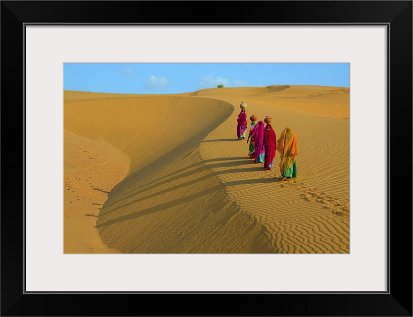 Indian Women Carrying Jugs Of Water In Desert, Jaisalmer, Rajasthan, India