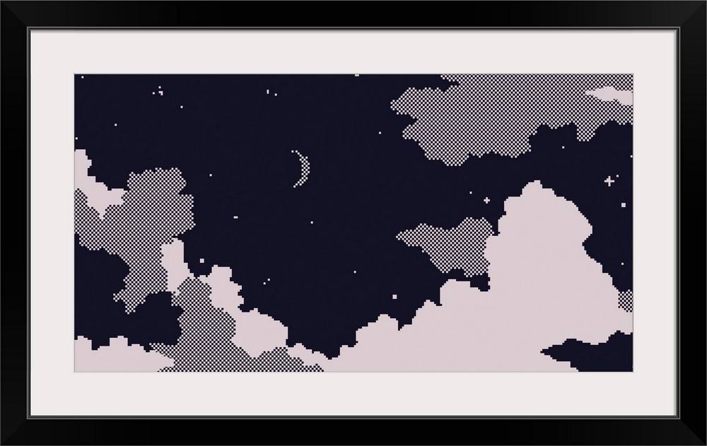 Night sky and clouds with moon and stars, pixels art blank background illustration design, simple mono colour style, retro...