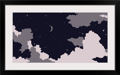 Night Sky And Clouds With Moon And Stars, Pixel Art