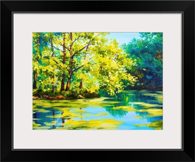 Oil painting of a lake in a forest