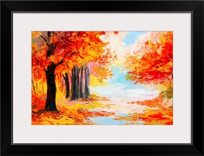Oil painting of a landscape in autumn foliage
