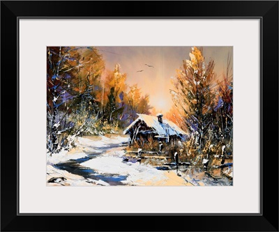 Oil painting of rural winter landscape