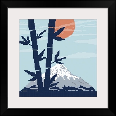 Pixel Bamboo, Mountain Fuji And Red Sun