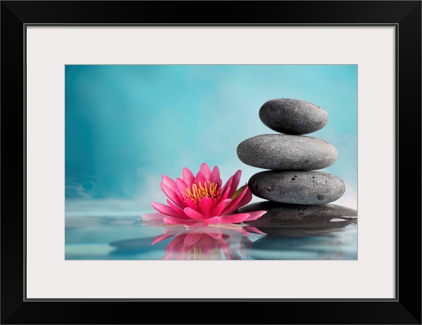 Spa still life with water lily and zen stone in a serenity pool.