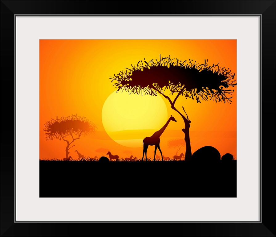 Tranquil sunset scene in africa.  Silhouette animals and trees in africa sunset background.