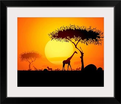 Sunset in Africa, with Silhouetted Animals and Trees