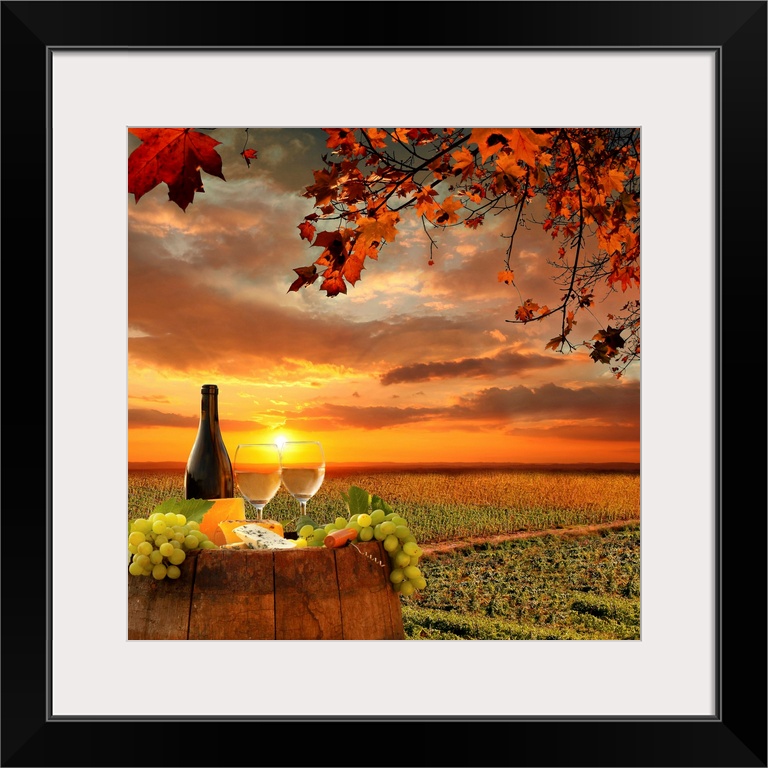 White wine on barrel in vineyard in Chianti, Tuscany, Italy.