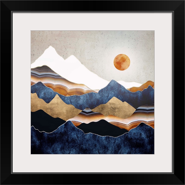 Abstract depiction of a landscape with an amber sun and mountains.