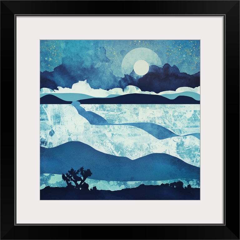 Abstract depiction of a desert landscape at night with moon and dunes.