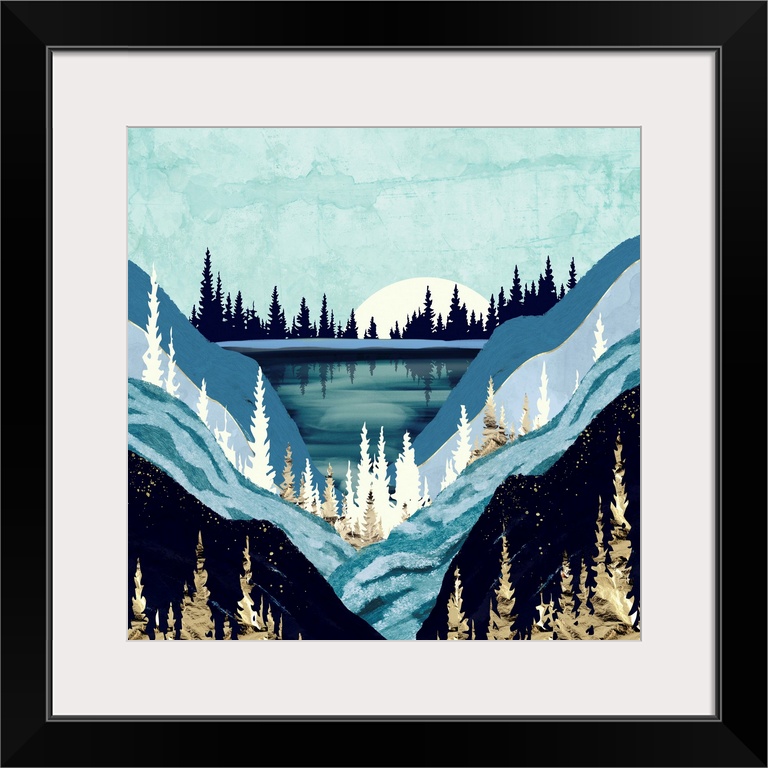 Abstract landscape of a blue forest lake with gold, teal, mountains and indigo.