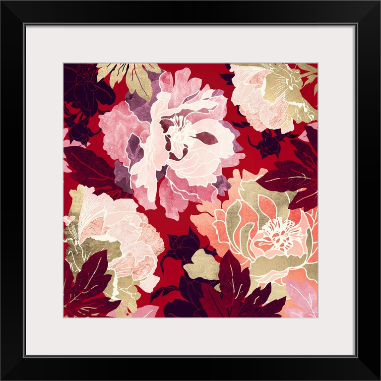 Abstract floral design with crimson, red, pink, gold and leaves.