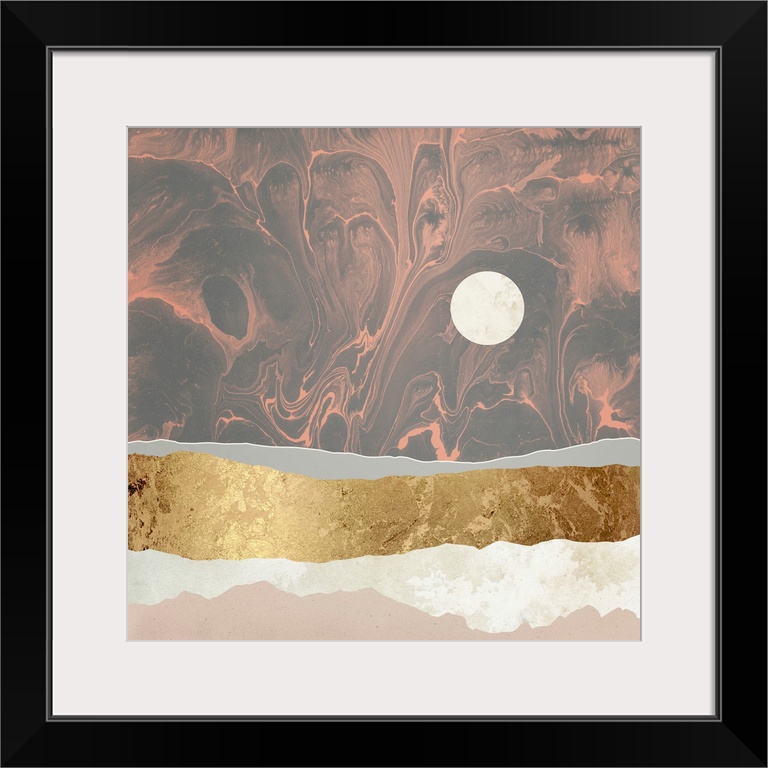 Abstract depiction of a landscape with grey, gold, pink and yellow.