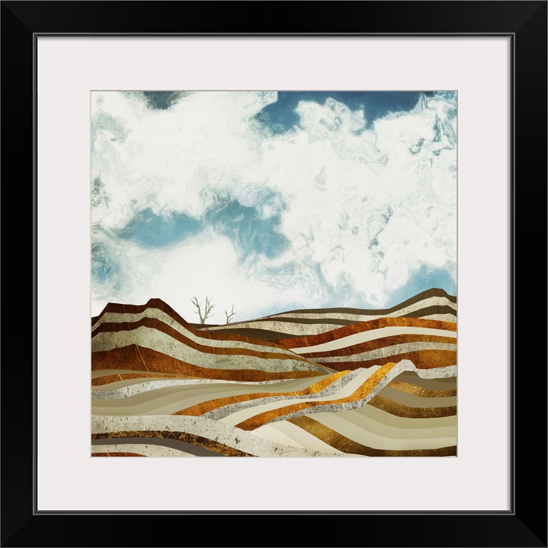 Abstract depiction of a desert scene with bronze, gold, textures and blue sky.