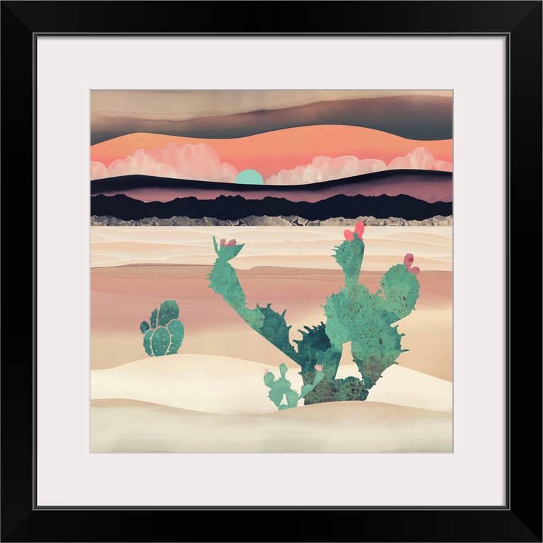 Abstract depiction of a desert dawn with cactus, dunes, mountains and pink.