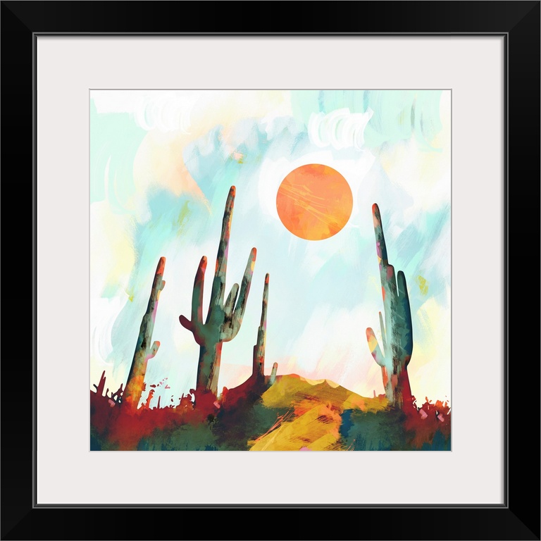 Abstract depiction of a desert landscape with cactus, sun, blue and orange.